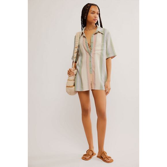 Free People Summer Heat Linen Blend Striped   Romper, Size Large - Picture 1 of 8